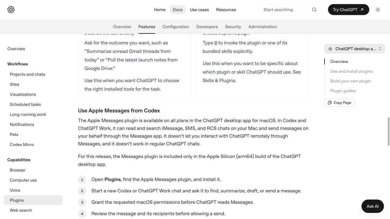 Apple Messages 플러그인의 지원 조건과 설치 순서를 보여주는 OpenAI 공식 문서 화면