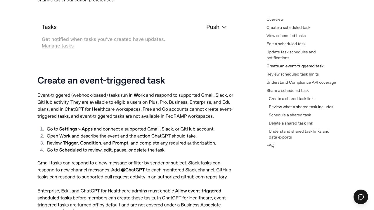 Gmail과 Slack, GitHub 이벤트 작업을 만드는 순서가 크게 보이는 OpenAI 공식 도움말 화면