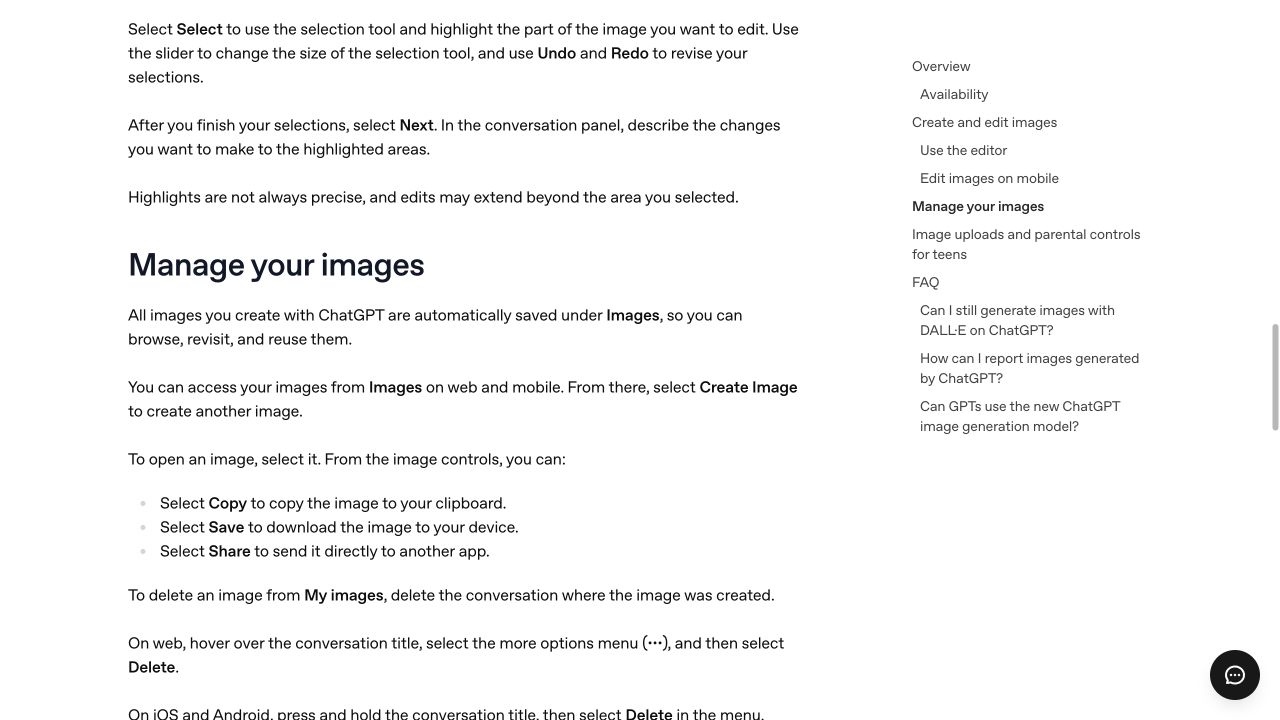 ChatGPT Images의 Copy, Save, Share 사용법을 설명하는 OpenAI 공식 도움말 화면