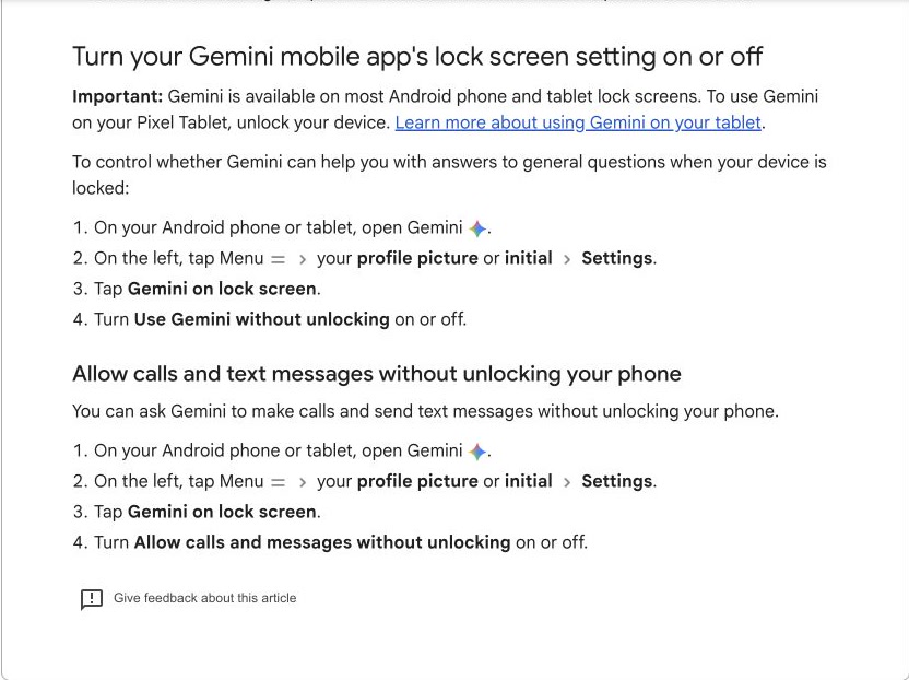 Gemini 잠금 화면에서 전화와 메시지를 허용하는 설정 순서를 보여주는 구글 공식 도움말 화면